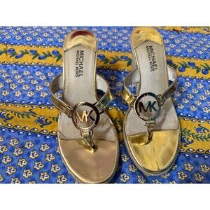 Michael Kors  Gold Espadrille Wedges with Gold Logo Size 6
